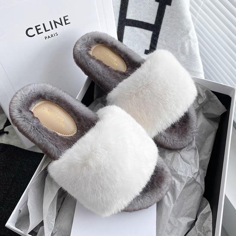 ʀᴏᴀɴɴᴀ_ᴋʀ正韓一字羊羔絨毛撞色拼接時髦潮流外出毛毛拖鞋-細節圖5