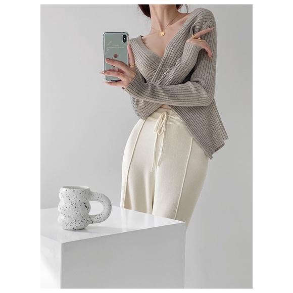 ʀᴏᴀɴɴᴀ_ᴋʀ顯瘦大長腿奶白色針織闊腿褲寬鬆垂墜感直筒休閒褲高腰抽繩白色落地褲-細節圖2