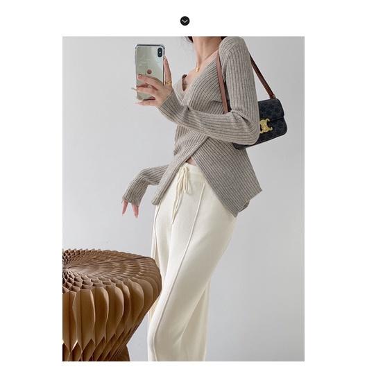 ʀᴏᴀɴɴᴀ_ᴋʀ顯瘦大長腿奶白色針織闊腿褲寬鬆垂墜感直筒休閒褲高腰抽繩白色落地褲-細節圖3