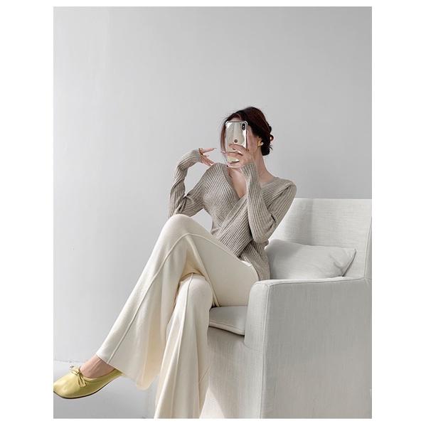 ʀᴏᴀɴɴᴀ_ᴋʀ顯瘦大長腿奶白色針織闊腿褲寬鬆垂墜感直筒休閒褲高腰抽繩白色落地褲-細節圖4