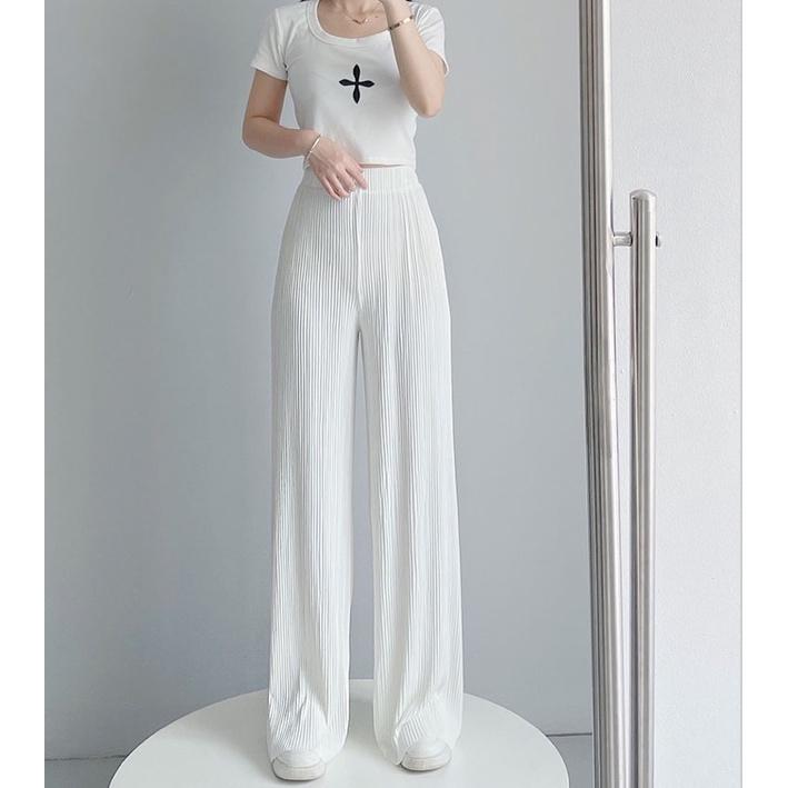 ʀᴏᴀɴɴᴀ_ᴋʀ仙氣飄飄冰絲百褶闊腿褲夏季薄款垂墜感白色褶皺長褲高腰顯瘦仙仙子拖地大長腿落地褲-細節圖2