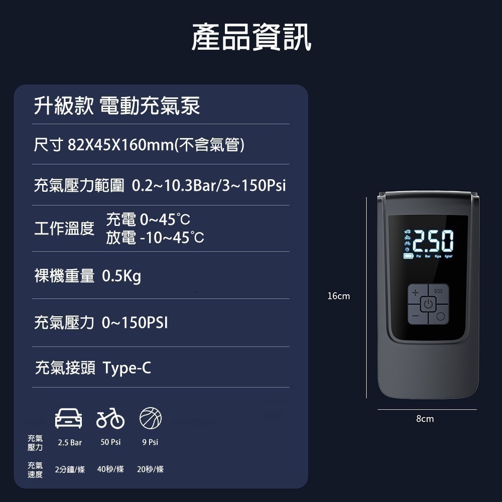 智能渦輪充氣泵 打氣機 快速充氣 胎壓偵測穩定輸出 Type-C充電 長效續航 LED夜間照明 I859-細節圖9