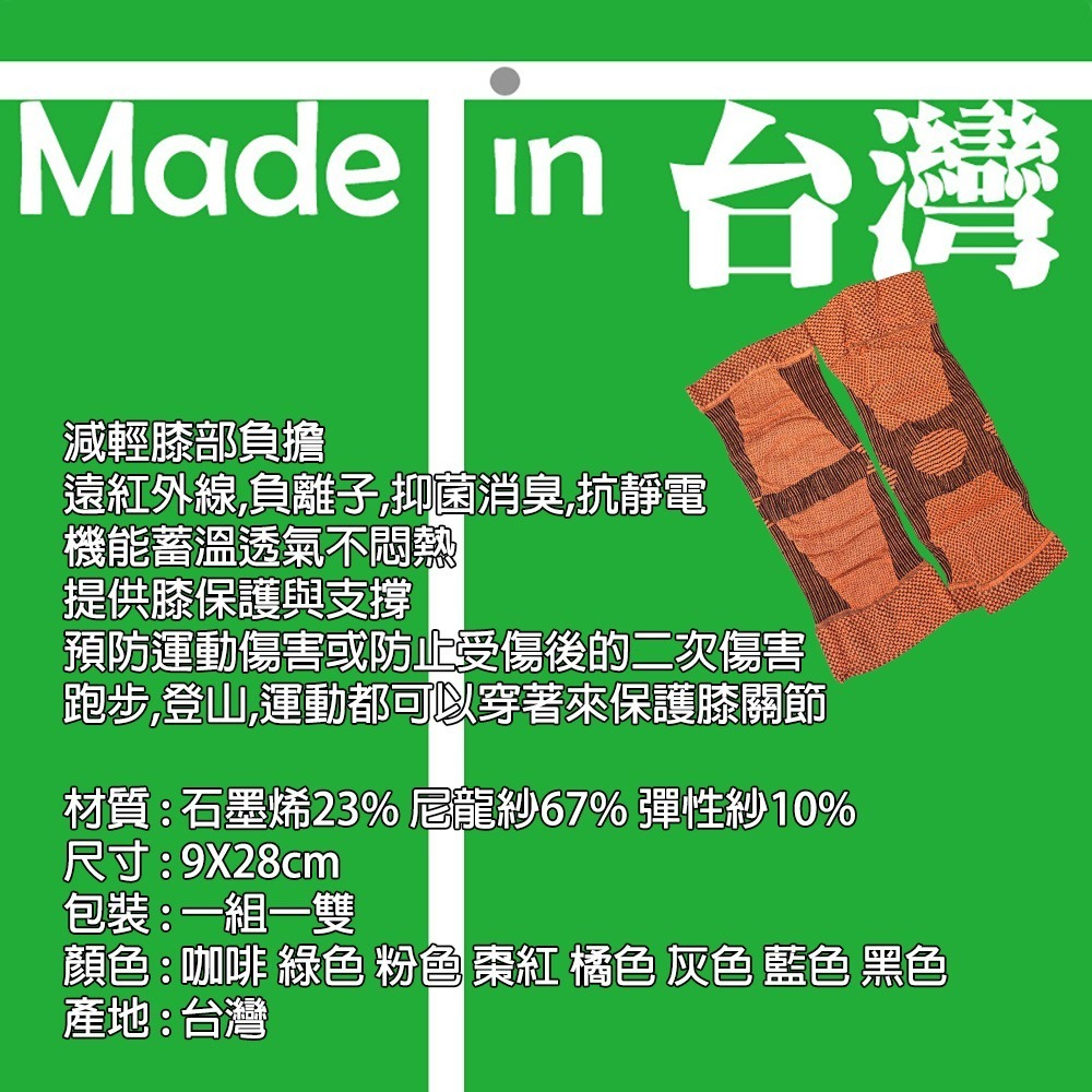 MIT 台灣製造 石墨烯能量護膝 透氣加壓保護 預防二次傷害 色彩繽紛 減輕膝部負擔 具遠紅外線 抗菌除臭 I218-細節圖5