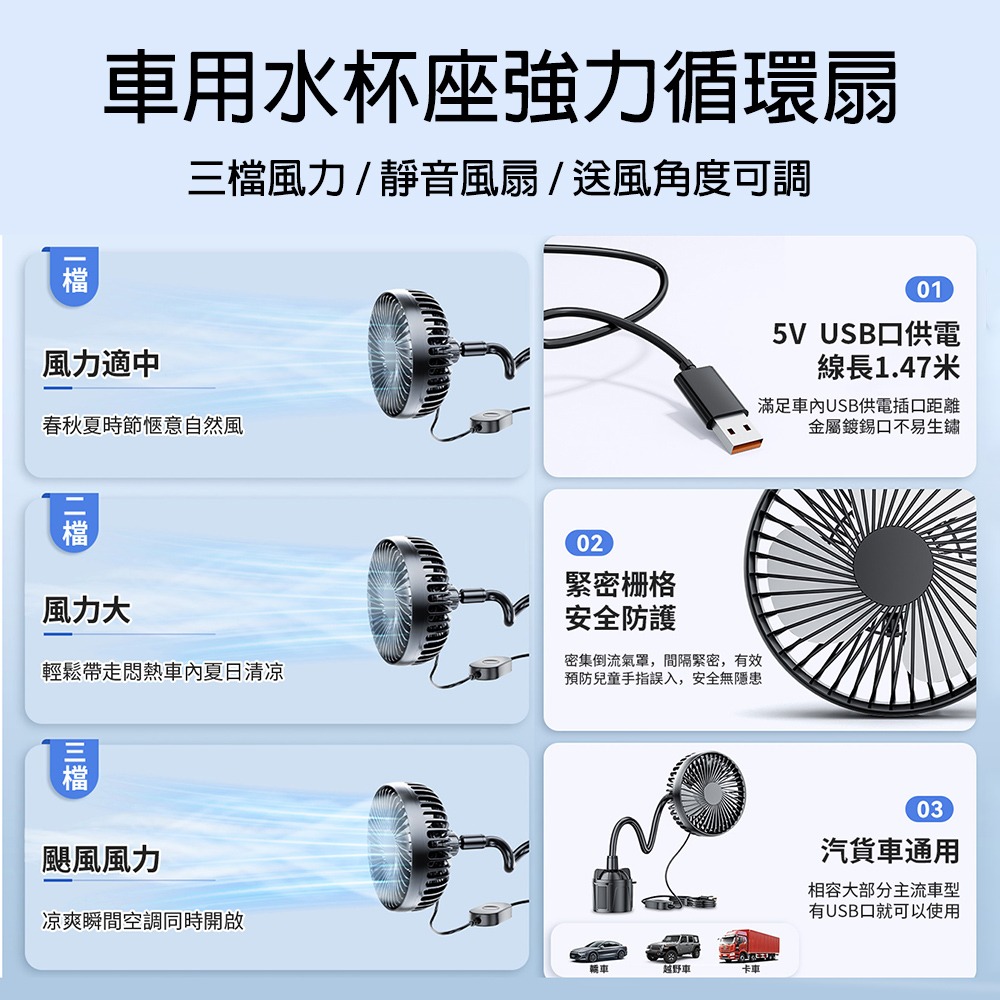 單頭水杯座強力循環扇 車用風扇 軟管風扇 360度可調 水杯座風扇 USB供電 三檔風速 I946-細節圖11