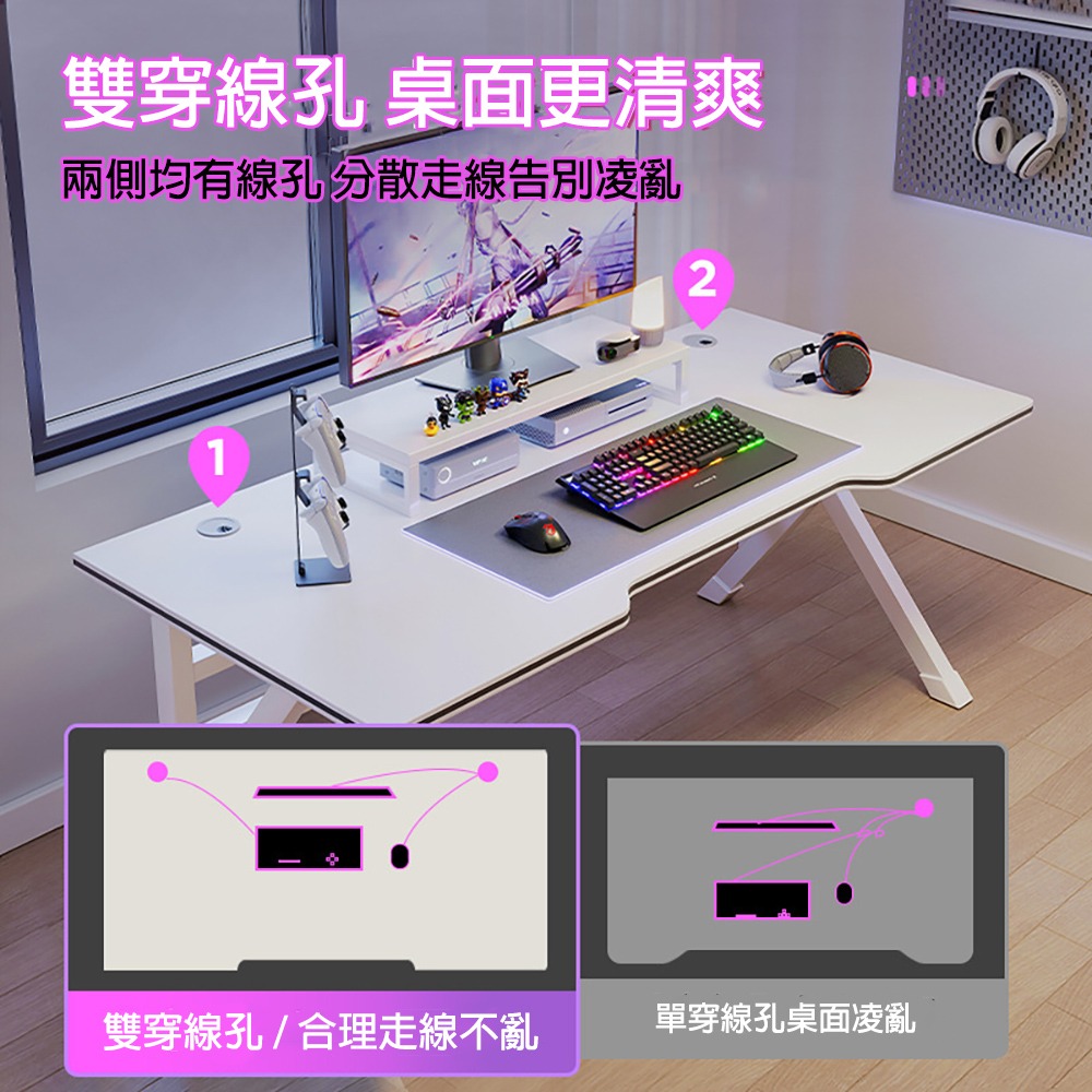 Well家居 新款K字腳時尚電競桌 電腦桌 工作桌 辦公桌 台式電腦桌 書桌 學習桌 雙穿線孔 加強穩定 雙層橫樑 防滑-細節圖4