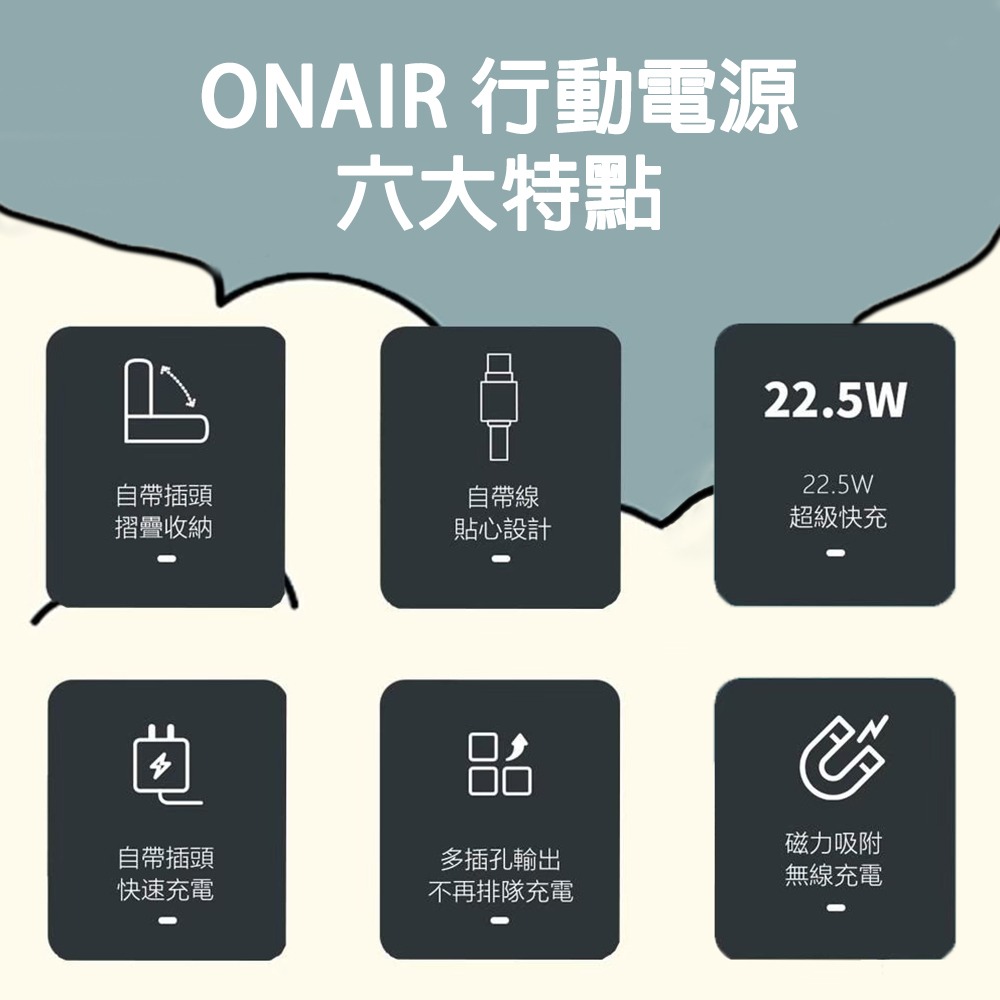 ONAIR 15000mAh 二合一萬國充磁吸自帶線行動電源 可拆式 支架行動電源 自帶線 移動電源 萬國旅充 F11A-細節圖3