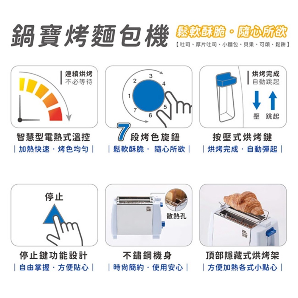 鍋寶新烤麵包機 烤土司機 頂部烘烤架 智慧溫控 7段上色 酥脆鬆軟可控 完成自動彈起 不鏽鋼機身 I961-細節圖3