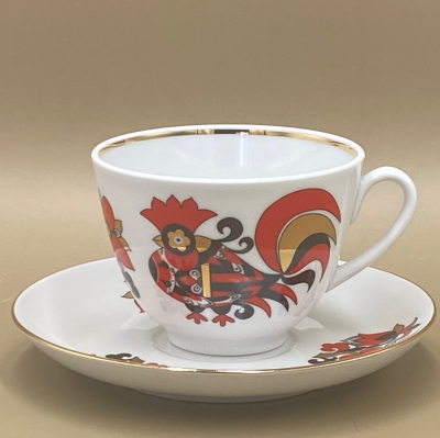 俄羅斯Imperial porcelain皇家瓷器金邊紅金公雞咖啡/花茶杯組（2023-1-31-16）