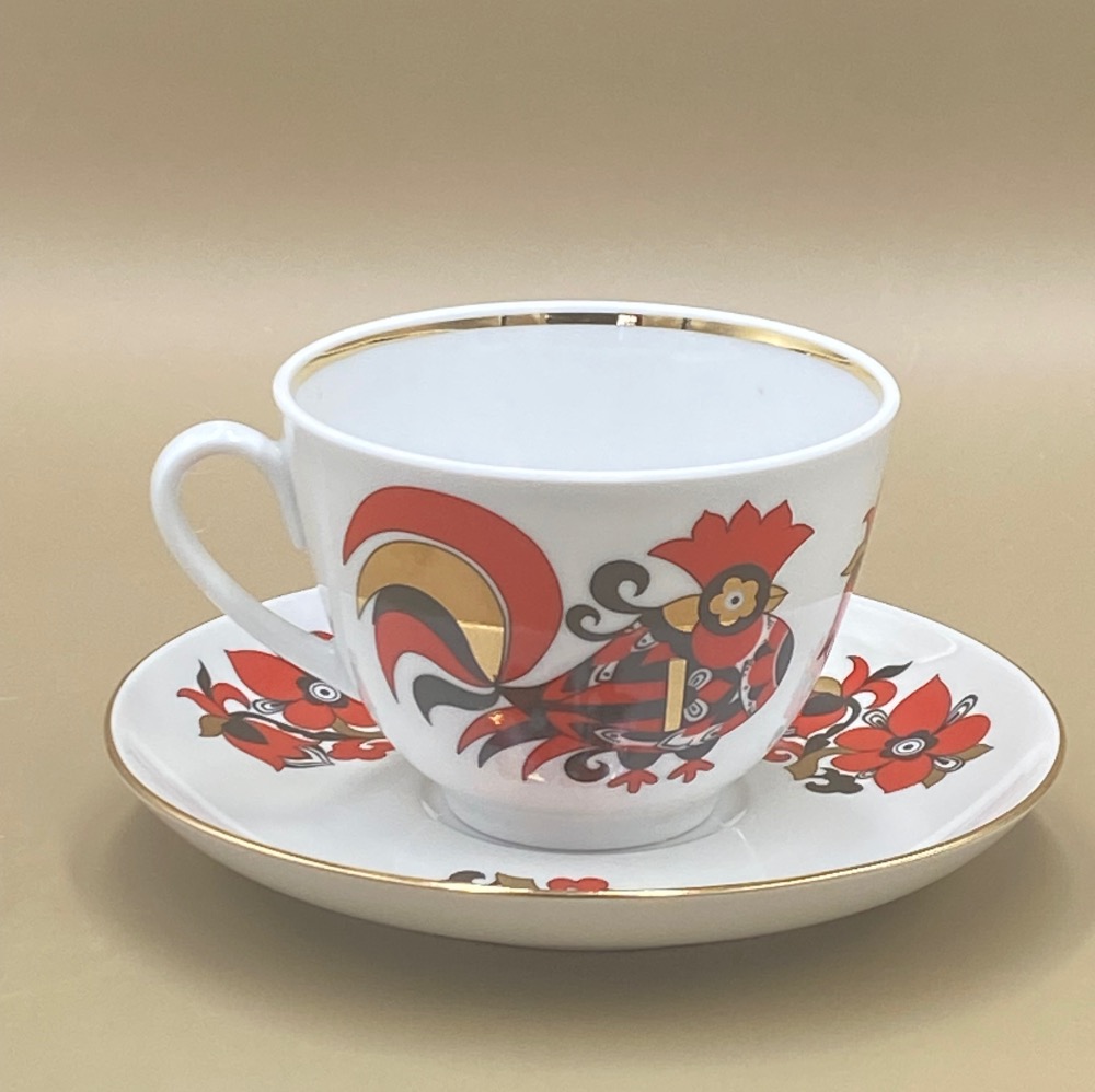 俄羅斯Imperial porcelain皇家瓷器金邊紅金公雞咖啡/花茶杯組（2023-1-31-16）-細節圖3