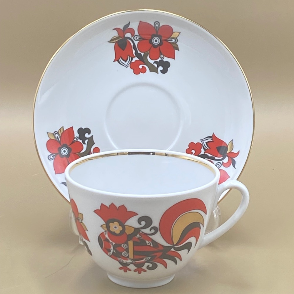 俄羅斯Imperial porcelain皇家瓷器金邊紅金公雞咖啡/花茶杯組（2023-1-31-16）-細節圖4
