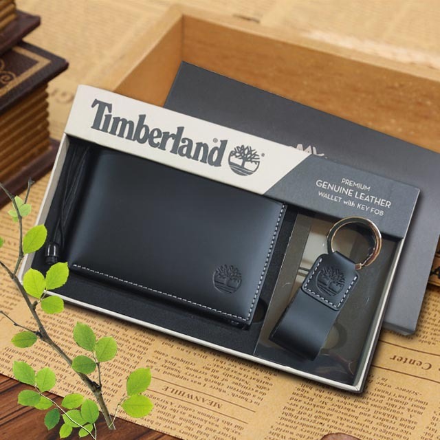 【Timberland】男皮夾 短夾 牛皮夾 零錢袋 多卡夾+鑰匙圈套組 品牌盒裝+原廠提袋／黑色-細節圖7