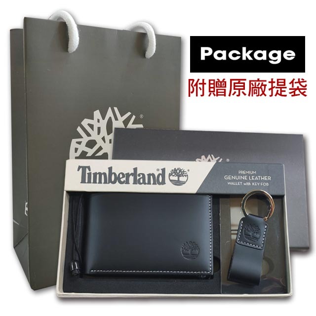 【Timberland】男皮夾 短夾 牛皮夾 零錢袋 多卡夾+鑰匙圈套組 品牌盒裝+原廠提袋／黑色-細節圖9