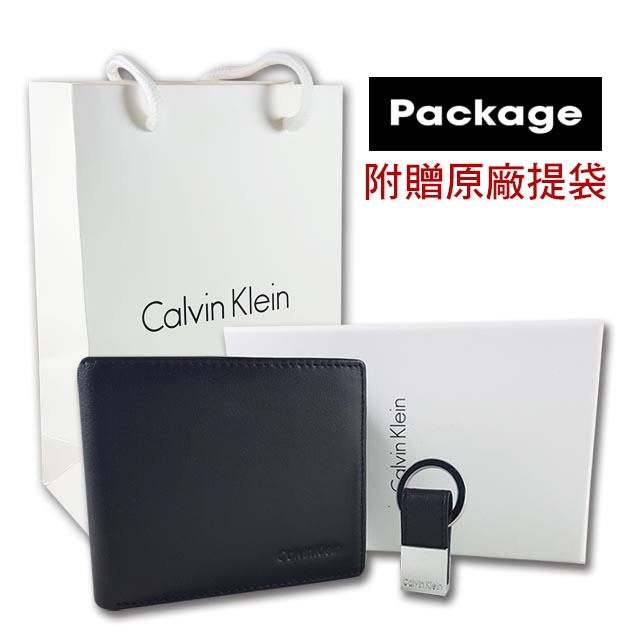 【CK】Calvin Klein 男皮夾 短夾 牛皮夾 零錢袋 多卡夾+CK鑰匙圈套組 品牌盒裝+原廠提袋／黑零-細節圖8