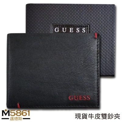 【Guess】男皮夾 短夾 牛皮夾 紅色GUESS Logo 雙鈔夾 品牌盒裝／黑色