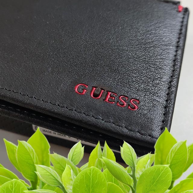 【Guess】男皮夾 短夾 牛皮夾 紅色GUESS Logo 雙鈔夾 品牌盒裝／黑色-細節圖5