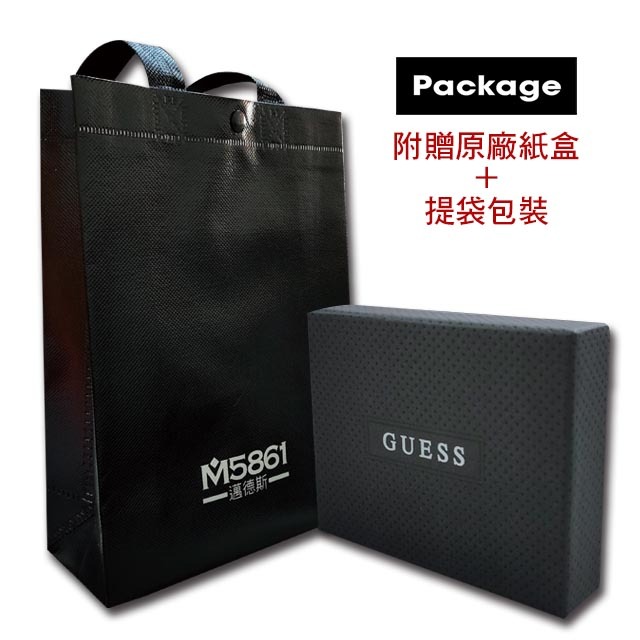 【Guess】男皮夾 短夾 荔紋牛皮夾 斜三角設計 金屬Logo 雙鈔夾 品牌盒裝／黑色-細節圖8