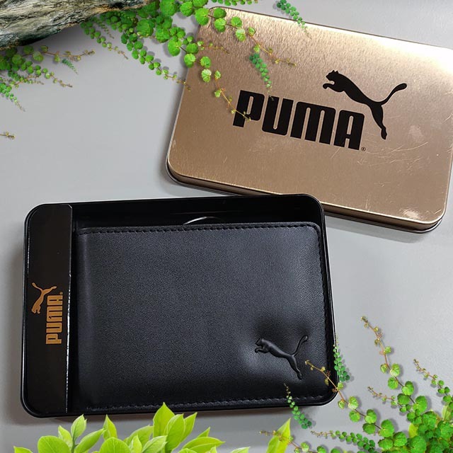 【PUMA】男皮夾 短夾 牛皮夾 經典美洲豹 Logo浮雕設計 品牌鐵盒裝／黑色-細節圖7