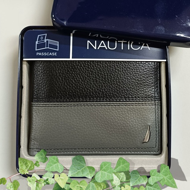 【Nautica】男皮夾 短夾 荔紋 牛皮夾 雙色 獨立卡夾 品牌鐵盒裝／黑+灰-細節圖5