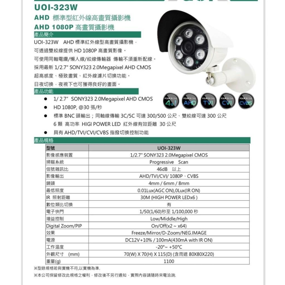 UOI-323W 1080P 監視攝影機-細節圖3
