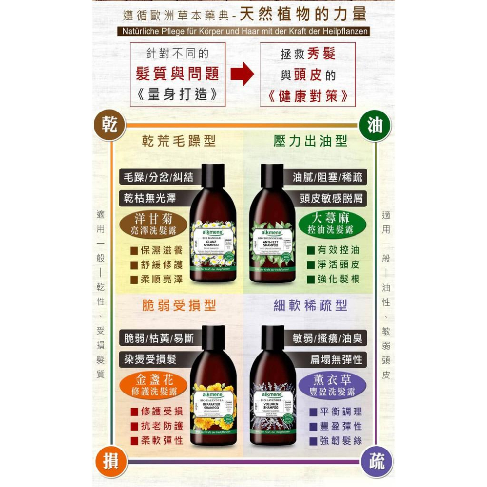 德國alkmene歐珂蔓洗髮露250ml-大蕁麻/薰衣草/金盞花/洋甘菊(總代理公司貨)-細節圖2