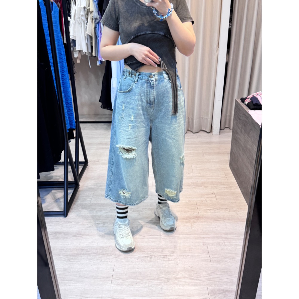 🇰🇷腰扣刷破七分褲-細節圖2