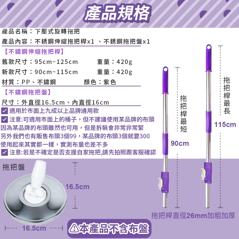 拖把桿 手壓式 加粗款 好X拖 副廠 快速出貨 通用 不鏽鋼 拖把桿 手壓 腳踏 拖把 鐵盤 桿子 旋轉拖把桿 九成通用-規格圖9