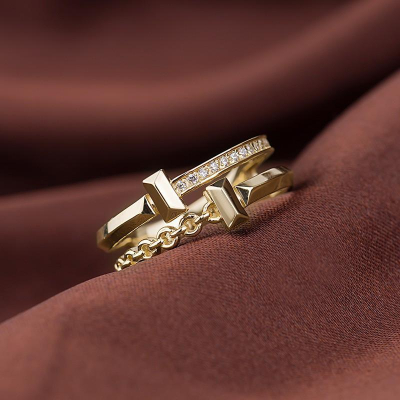 【台北奧斯珠寶】14k金戒指 小花字母V雙層食指戒指環 黃金珠寶首飾