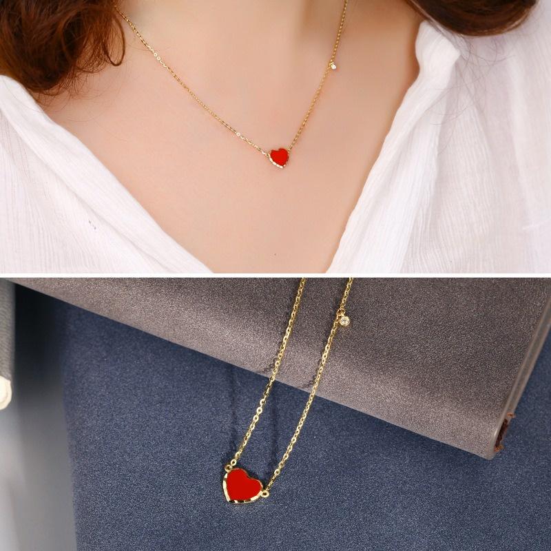 【台北奧斯珠寶】14K金項鍊 彩釉紅桃心鎖骨鏈頸鍊 黃金珠寶首飾-細節圖2