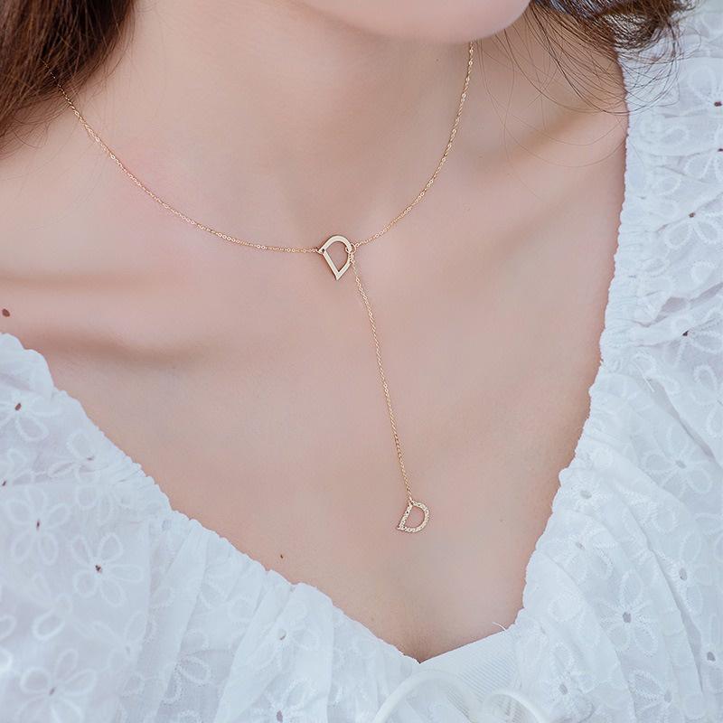 【台北奧斯珠寶】14K金項鍊女款 刻面字母D鎖骨鏈一體鏈 黃金珠寶首飾-細節圖2