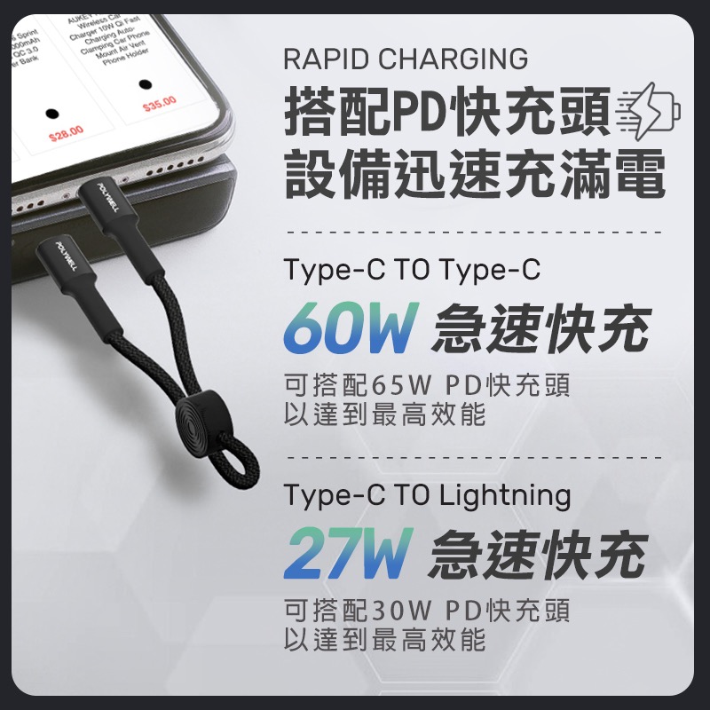 POLYWELL 12公分 短快充線 TypeC短線 TypeC to Lightning PD快充線 DA0050-細節圖4