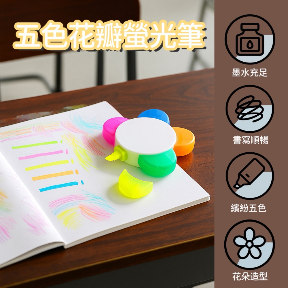 五色花瓣螢光筆 五色螢光筆 花朵螢光筆 造型螢光筆 記號筆 彩色拼接 文具用品 彩色筆 畫畫筆 塗鴉筆 EA818-細節圖5