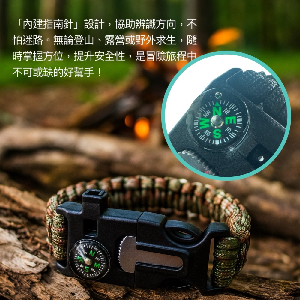 5合1求生手鍊 求生手環 指南針手環 哨子手環 打火石 指南針 哨笛 7芯傘繩 傘繩扣 背包 插扣 登山 EA825-細節圖4