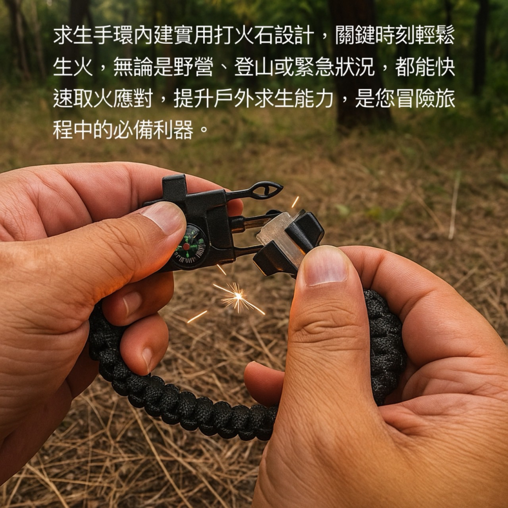 5合1求生手鍊 求生手環 指南針手環 哨子手環 打火石 指南針 哨笛 7芯傘繩 傘繩扣 背包 插扣 登山 EA825-細節圖5