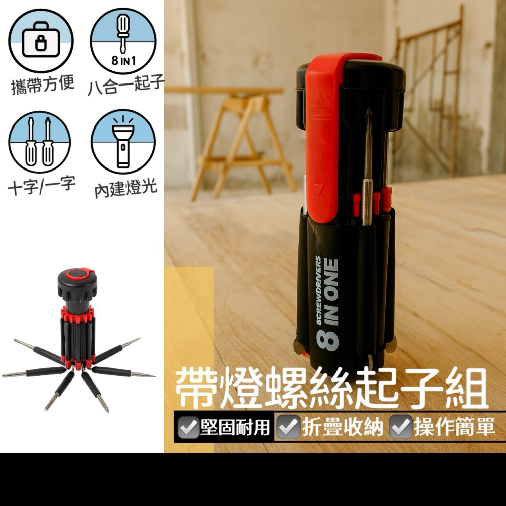 8合1螺絲起子 帶燈螺絲起子 十字起子 一字起子 折疊工具組 多功能折疊工具組 螺絲起子組 居家必備 EA840-細節圖2