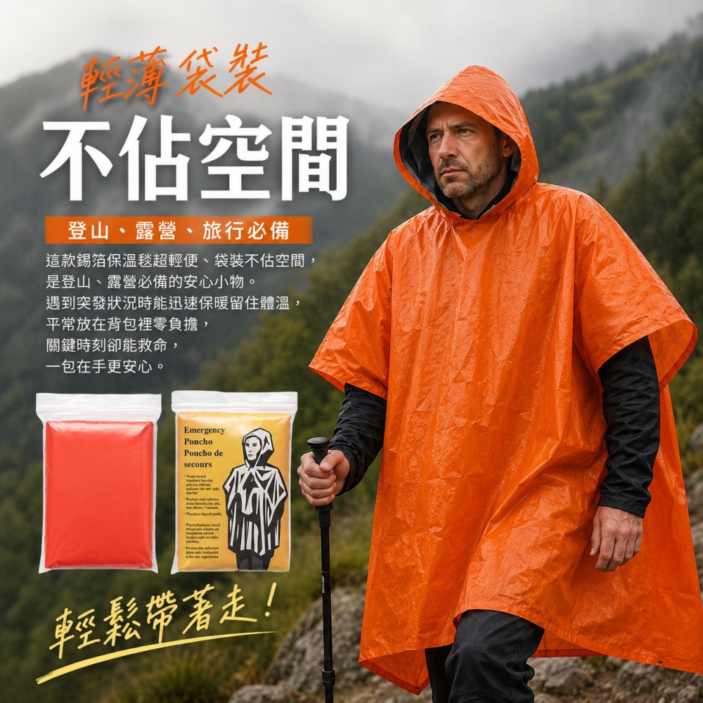 雨衣款求生毯 防災包 野營毯 救生毯 緊急救難防水鋁箔 雨衣 披毯 緊急救生毯 急救保溫毯 保暖毯 急救雨衣 EA500-細節圖2