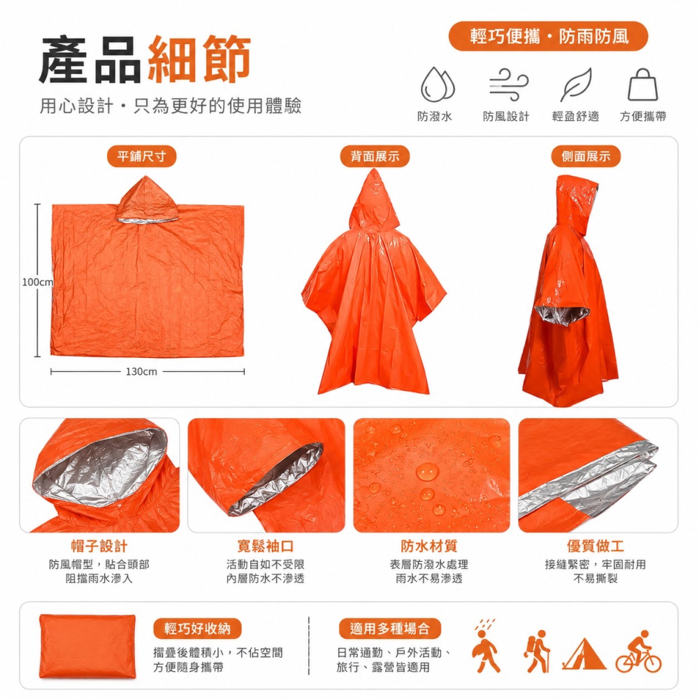 雨衣款求生毯 防災包 野營毯 救生毯 緊急救難防水鋁箔 雨衣 披毯 緊急救生毯 急救保溫毯 保暖毯 急救雨衣 EA500-細節圖3