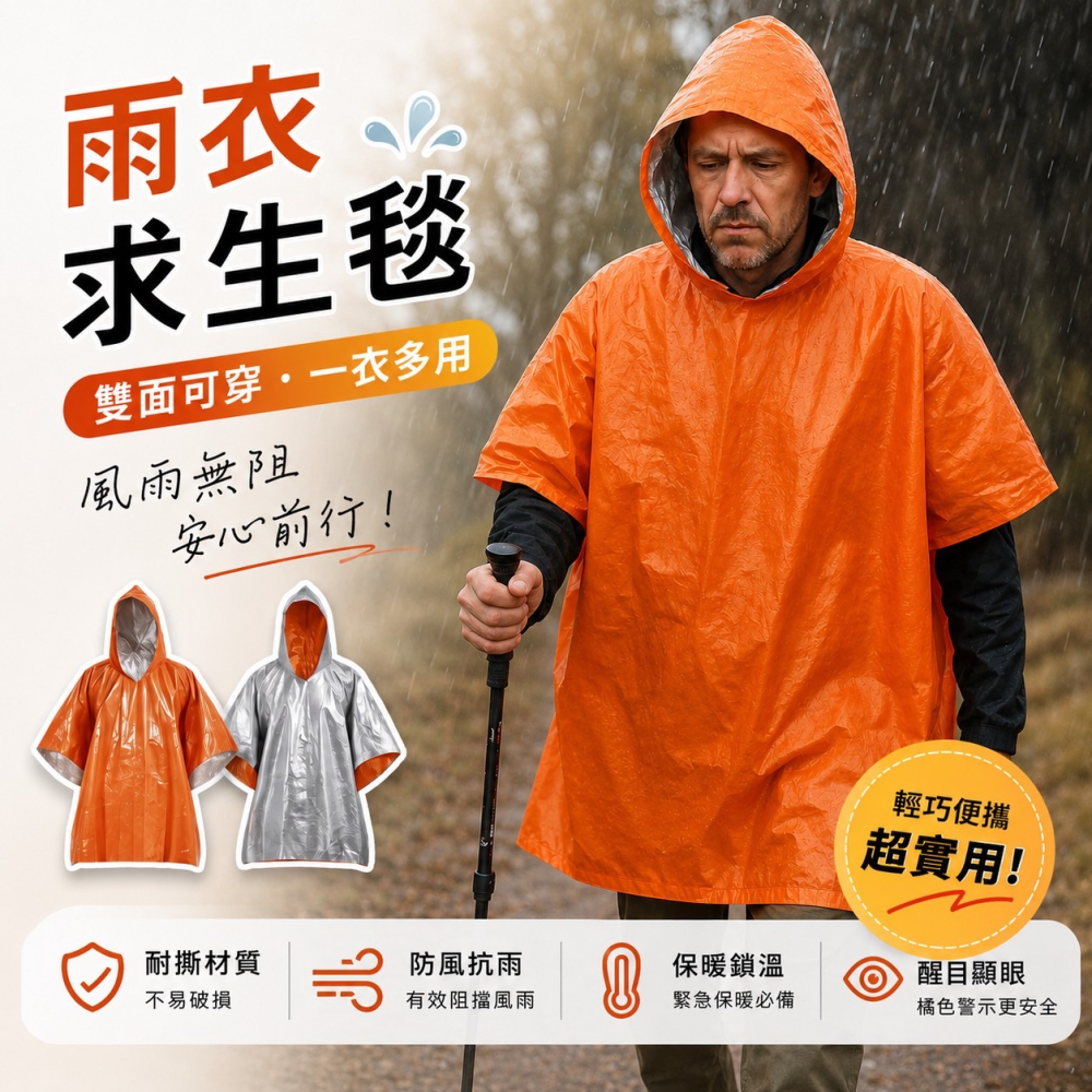 雨衣款求生毯 防災包 野營毯 救生毯 緊急救難防水鋁箔 雨衣 披毯 緊急救生毯 急救保溫毯 保暖毯 急救雨衣 EA500-細節圖6