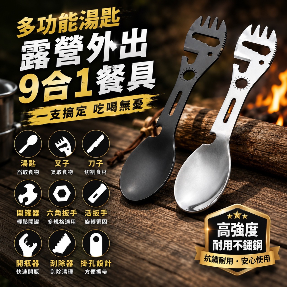 多功能叉勺 露營野炊湯匙 多功能湯匙 露營餐具 摺疊湯匙 湯匙 叉子 開罐器 野炊 登山 戶外用品 外食族 EA1024-細節圖2