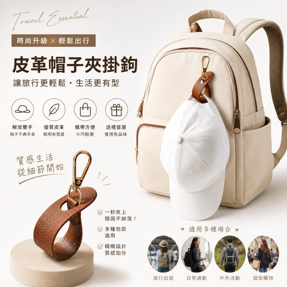 掛勾式皮革帽夾 皮革帽夾 帽子夾 外出帽夾 防掉夾 帽夾 無痕帽夾 旅行收納夾 帽扣 鴨舌帽掛扣 背包掛鉤 EA1025-細節圖6