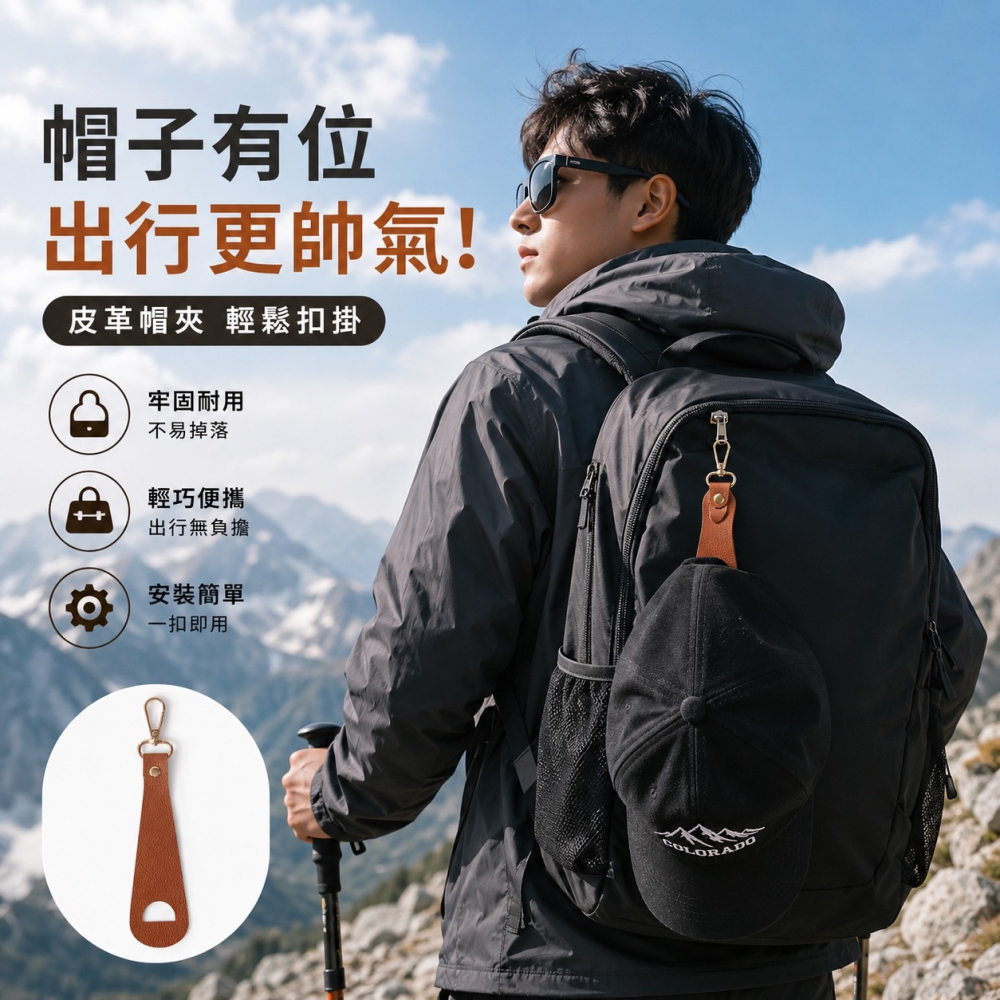 掛勾式皮革帽夾 皮革帽夾 帽子夾 外出帽夾 防掉夾 帽夾 無痕帽夾 旅行收納夾 帽扣 鴨舌帽掛扣 背包掛鉤 EA1025-細節圖7