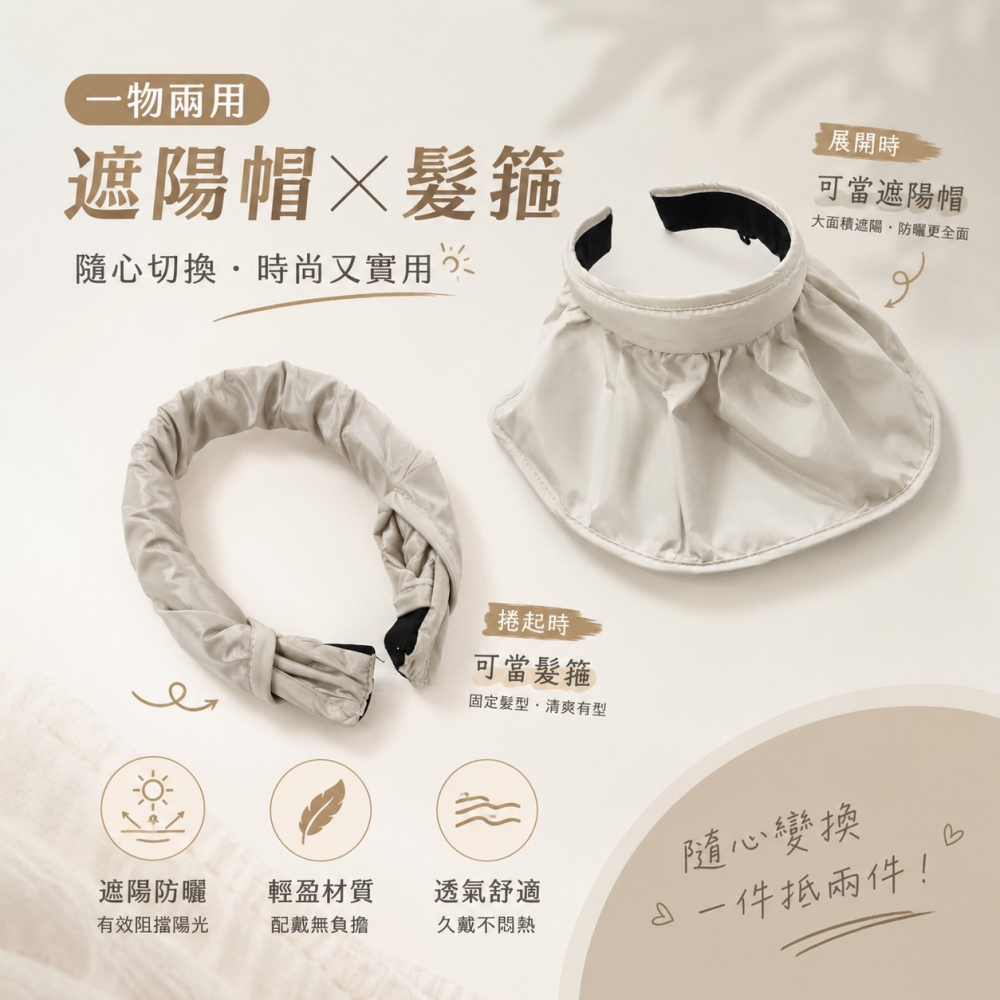 黑膠貝殼帽 髮箍＋遮陽帽 2in1 空頂帽 防曬遮陽帽 髮箍帽 沙灘帽 防紫外線太陽帽 黑膠遮陽帽 海灘帽 EA1074-細節圖3