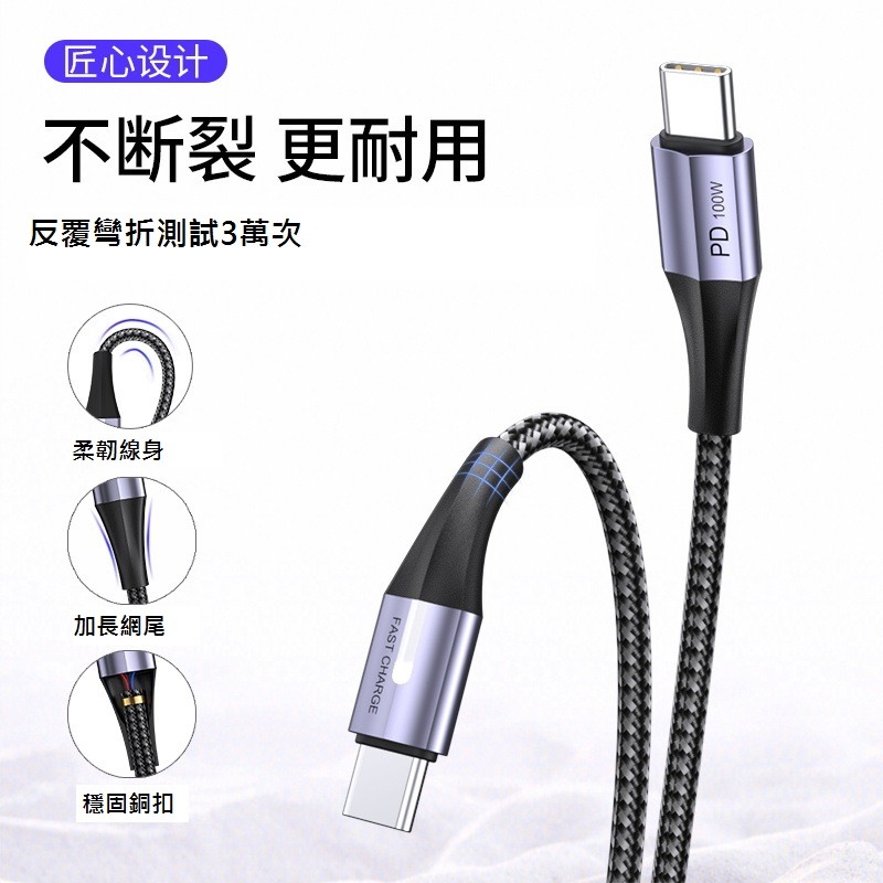 GB【台灣現貨】5A PD帶燈100W快充線c對c帶e-marker芯片適用於華為小米蘋果三星oppo手機平板全兼容充電-細節圖3