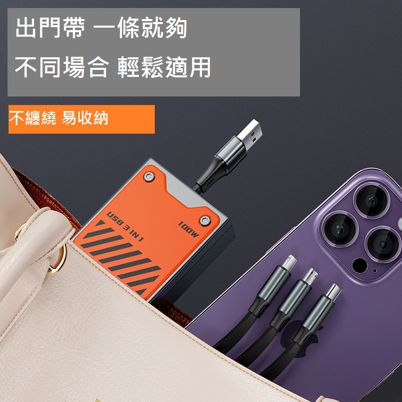 GB【台灣現貨】全新款100w超級快充機甲一拖三伸縮數據線適用於蘋果Typec安卓6A閃充手機充電線-細節圖7