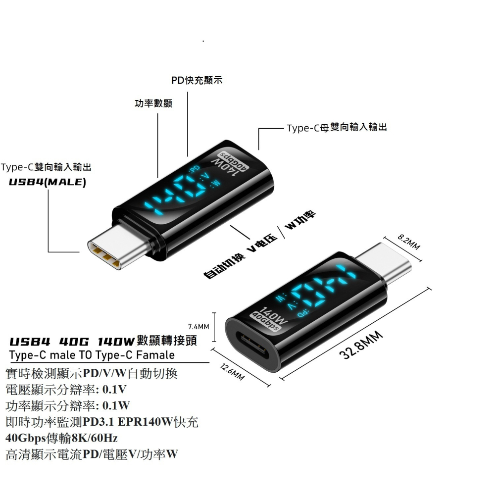 GB【台灣現貨】type-c數顯轉接頭資料傳輸140W帶PD晶片數字顯示轉接頭-細節圖6