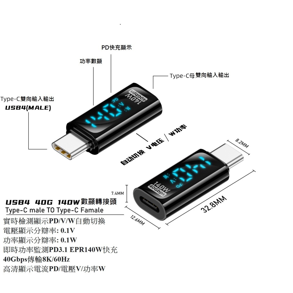GB【台灣現貨】type-c數顯轉接頭資料傳輸140W帶PD晶片數字顯示轉接頭-規格圖6