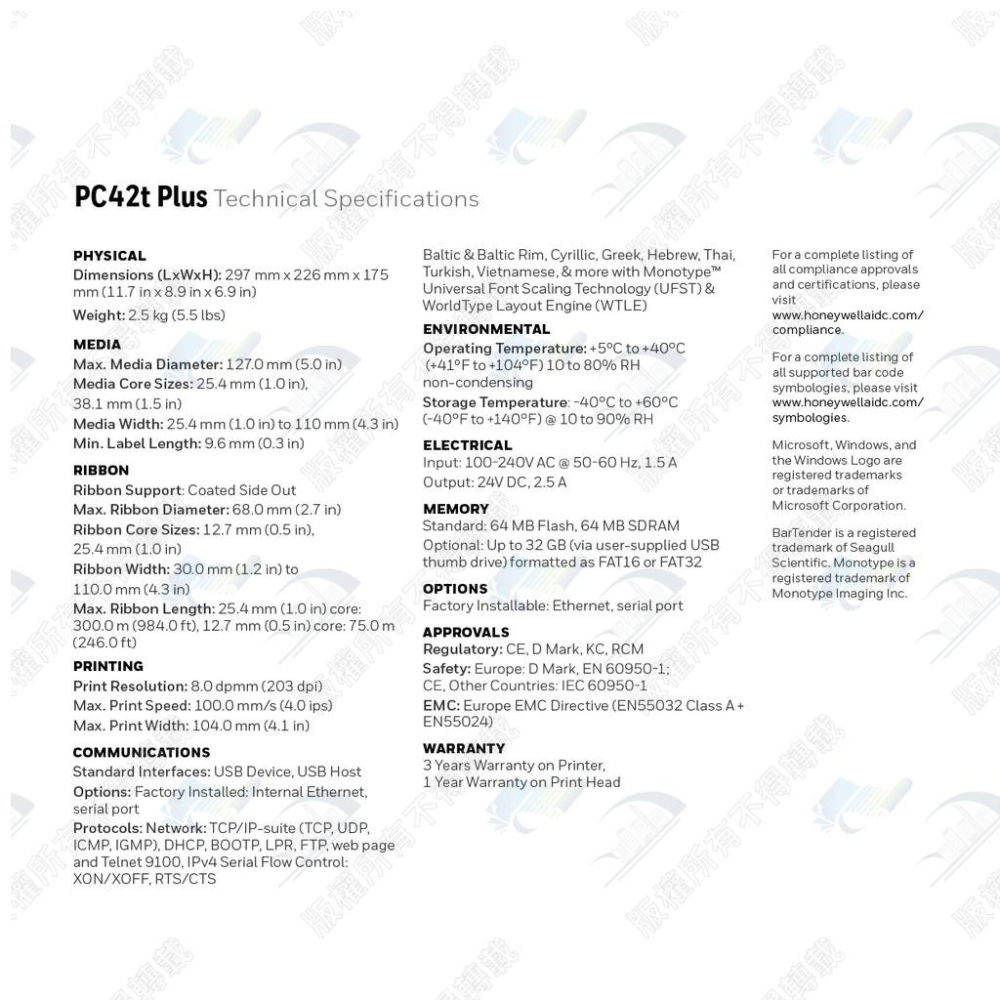 Honeywell PC42T Plus 條碼列印機 內建網卡含稅可開立發票 標籤機 熱感 熱轉 感熱 兩用 42t-細節圖5