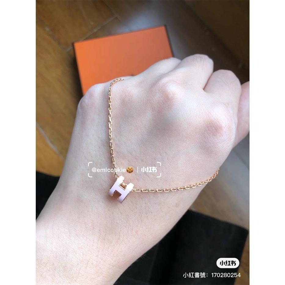 【台灣現貨】愛馬仕 Hermes Mini pop h 櫻花粉配玫瑰金項鍊-細節圖2