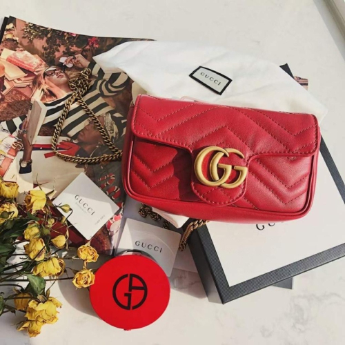 【預購】GUCCI GG Marmont 經典超級迷你雙G LOGO牛皮山字紋肩/斜背包 supermini 芙蓉紅