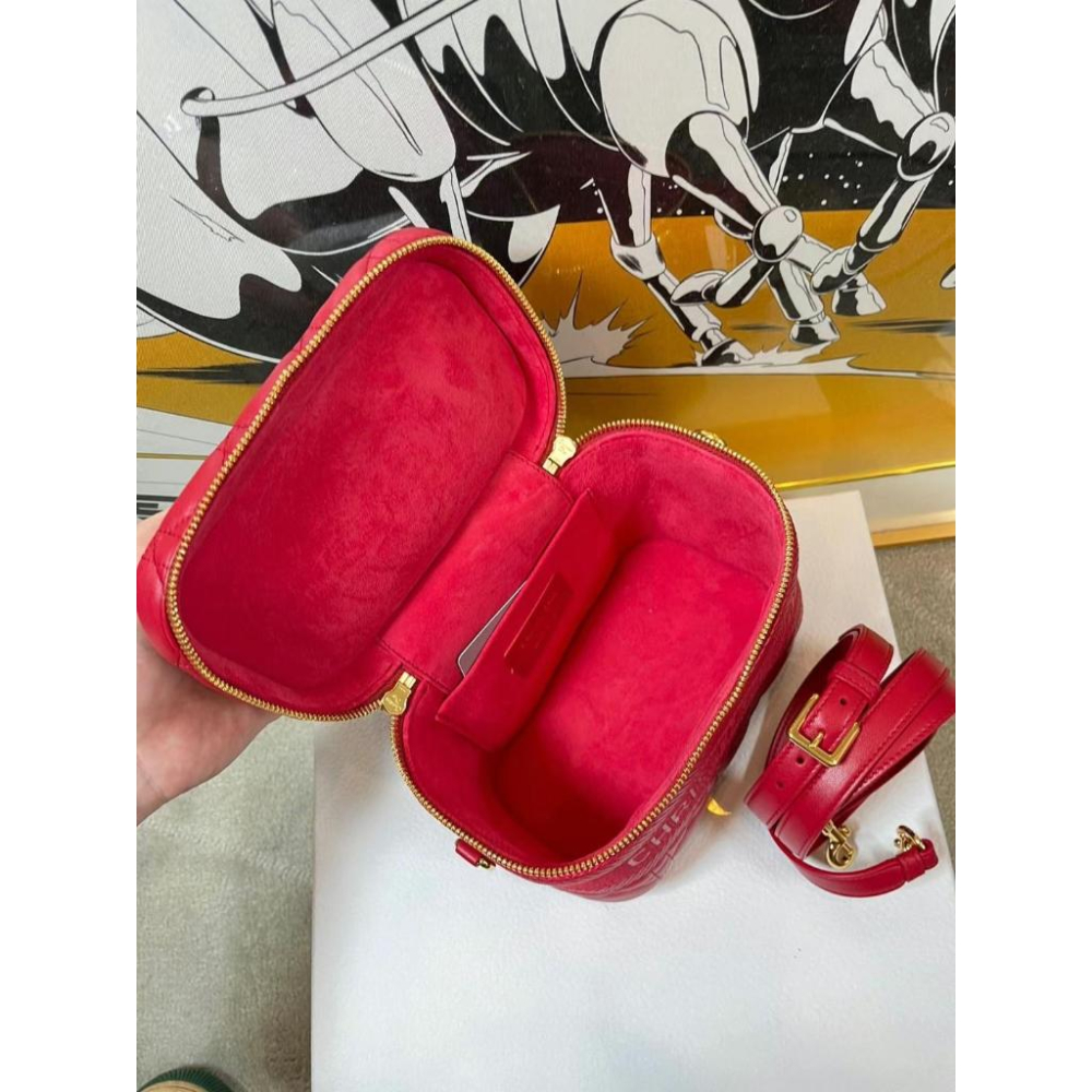 【預購】Dior 迪奧 紅色刺繡小化妝袋/斜肩包 附肩帶 Travel Vanity-細節圖2