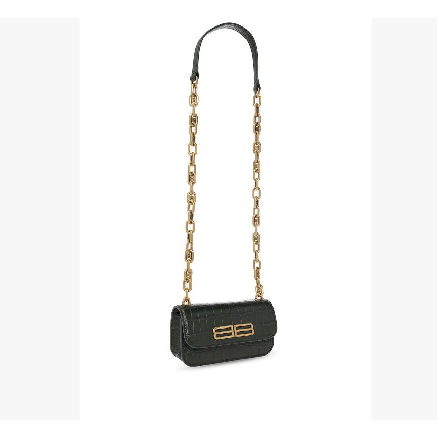 【預購】BALENCIAGA 巴黎世家 Gossip XS 墨綠色經典鱷魚紋牛皮鍊條單肩包 斜背/側背包-細節圖4